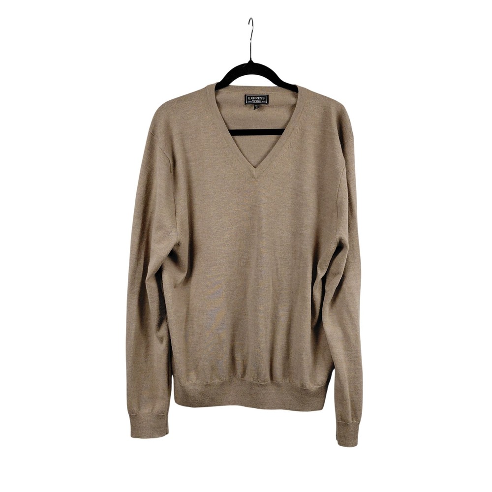EXPRESS Modern Fit Extra‎ Fine Merino Wool V Neck Sweater Men's Size L Tan